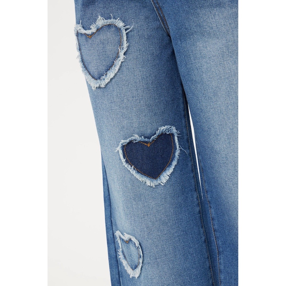 Womens Wide Leg Heart patchwork Denim Jeans Medium Wash Y2K Coquette Size Small - Picture 2 of 13